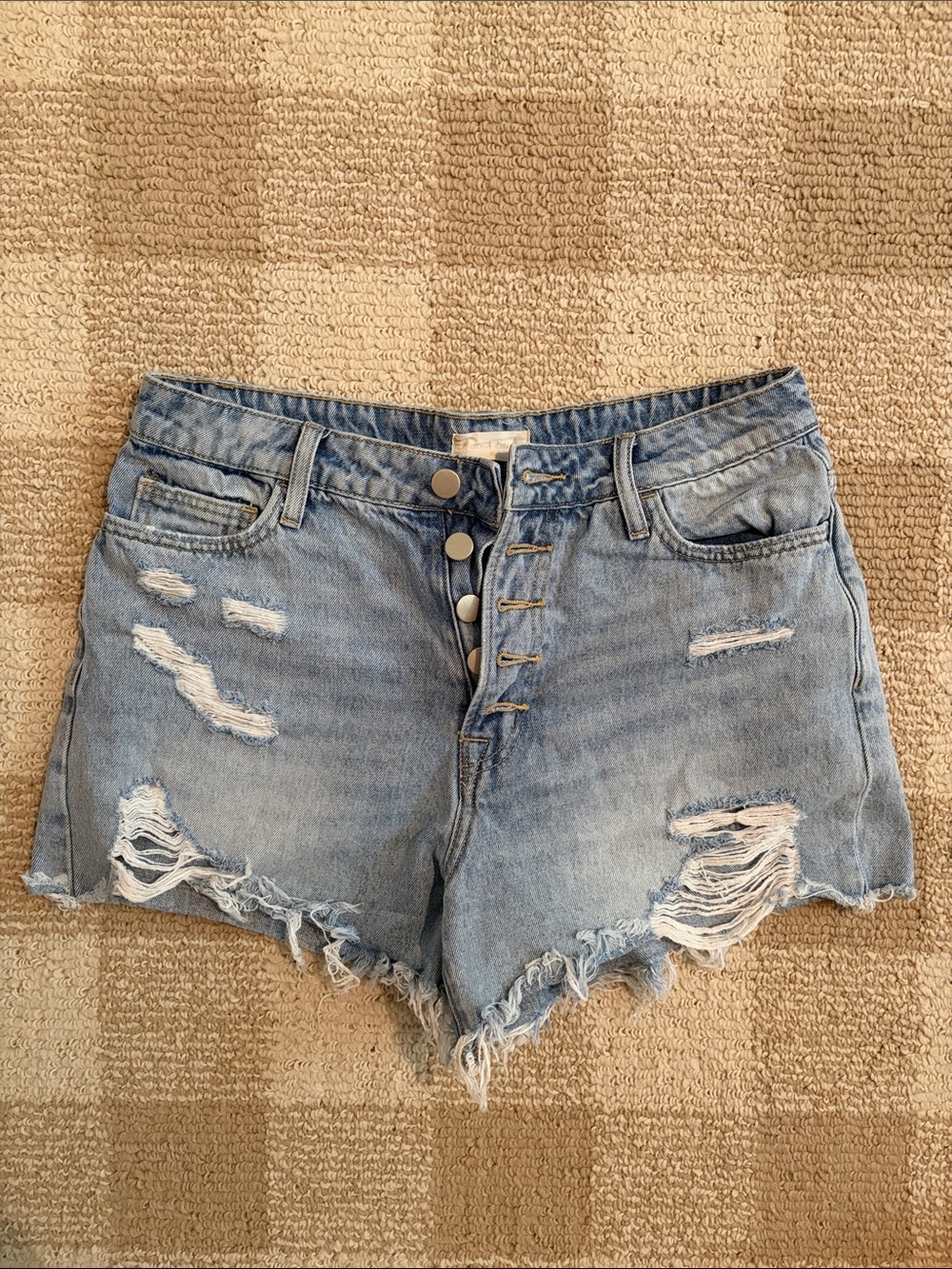 Altar’d State Button-Front Distressed Light Blue Denim Shorts for Women